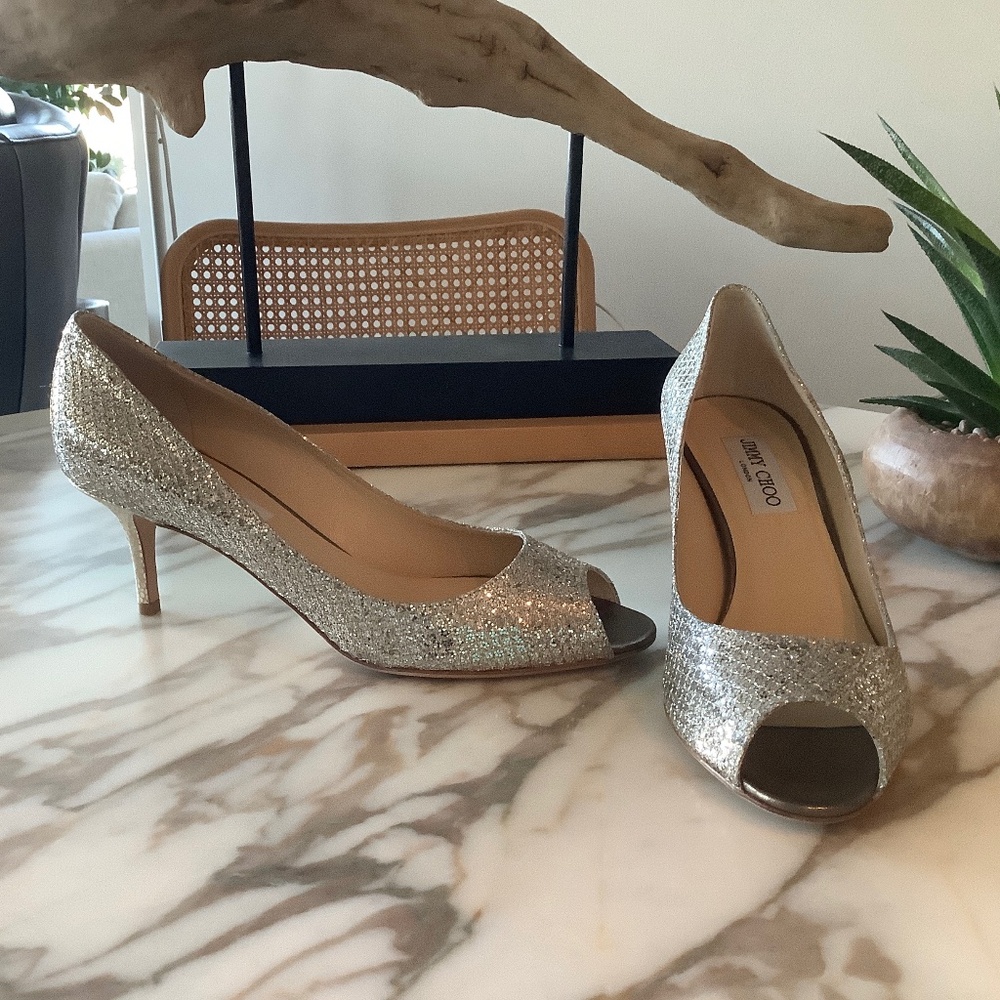 Jimmy Choo Silver Glitter Peep-Toe Kitten Heels
